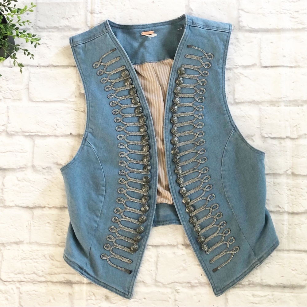 Free People Light Blue Embroidered Denim Vest